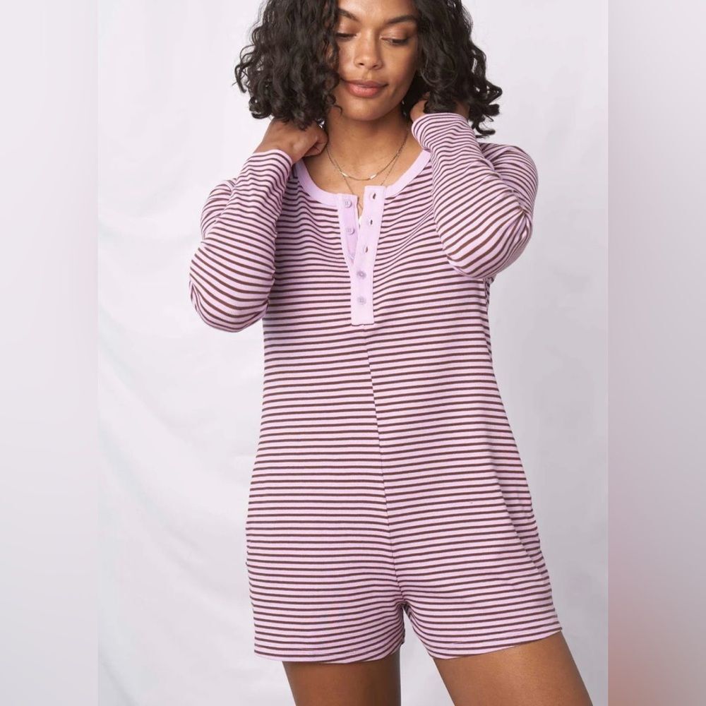 United By Blue Organic Cozy Romper Lilac Striped Medium